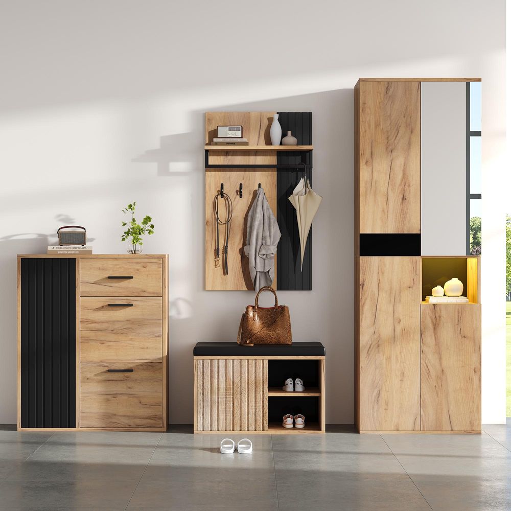 Merax Garderobenset 4-teilig, Kleiderschrank, Schuhschrank, Schuhbank & Wandgarderobe, Flurmöbel, 215×36×190 cm, Naturholzfarbe+Schwarz
