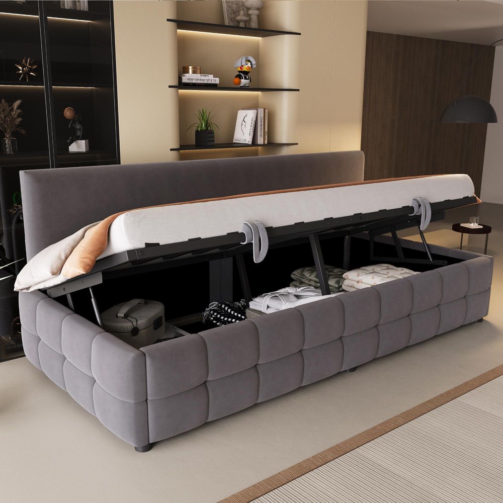 Flieks Hydraulisches Schlafsofa 90x200cm mit Stauraum, Tagesbett Daybed mit Rückenlehne, Polsterbett Jugendbett mit Lattenrost, Samt, Dunkelgrau
