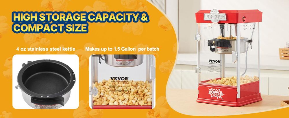 VEVOR Popcornmaschine, 850W Popcorn Popper, 8 Oz Kessel macht 48 Tassen pro Charge, Tisch-Popcornmaschine mit gehärtetem Glas, inklusive 4 Schaufeln, im Kino-Stil, Rot, Rot-b, 4oz-a