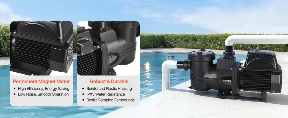 VEVOR Variabler Geschwindigkeits-Poolpumpe, 1650W, AC 220-240V, 33.000 L/H, In-/Über-Boden-Poolpumpe mit Filterkorb, Leistungsstarke Selbstansaugung, Programmierbarer Timer, für eingelassene und aufgestellte Schwimmbecken