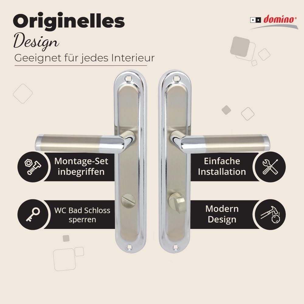 DOMINO Türgriff 78 Drückergarnitur WC - Badezimmer Set | Links & Rechts Türbeschlag für WC/Badezimmertüren | L-Form | Türbeschläge aus Aluminium |Silber Türdrückergarnitur| JARO ECO M6/M9