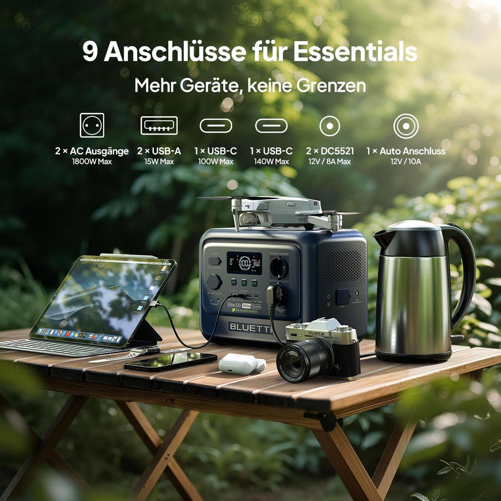 BLUETTI Solargenerator Elite 100 V2, 1024 Wh tragbare Powerstation für Camping, Notfälle und Notstromversorgung , Stromausfälle