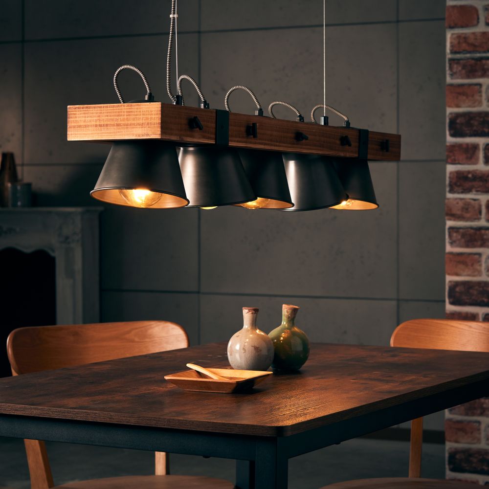BRILLIANT Pendelleuchte Plow |  5-flammige vintage Deckenleuchte | schwarz stahl/holz |  5x E27 max. 10W | IP20