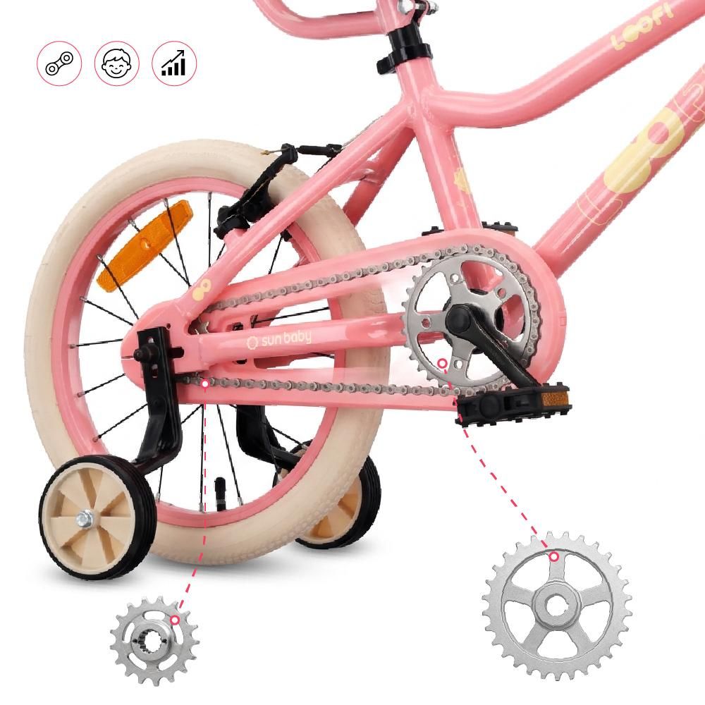 SUN BABY LOOFI Kinderfahrrad 14 Zoll, leichtes Aluminium Fahrrad 6,6 kg für Kinder ab 3 Jahre, mit Stützrädern, Korb, Klingel, Mädchen