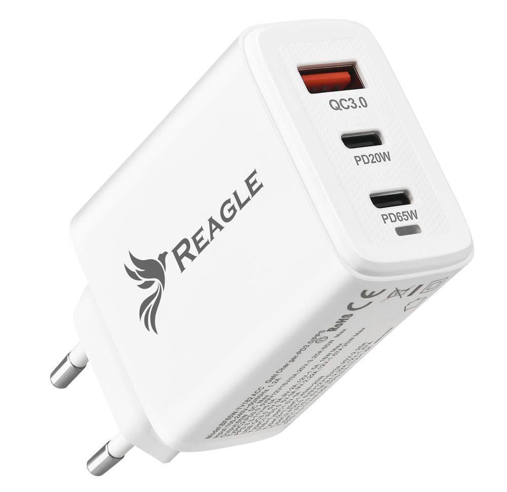 65W GaN Schnellladegerät 3 Ports USB C PD USB A QC 3.0 Netzadapter für MacBook Pro Air Laptop Smartphone Tablet iPhone Samsung Xiaomi Weiß Reagle