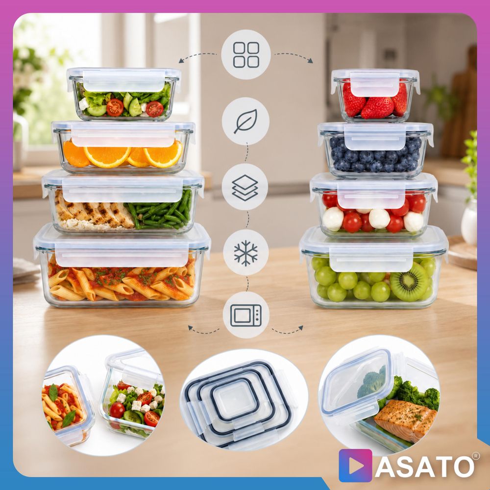 ASATO Glas-Frischhaltedosen 8er Set 150 bis 1040 ml mikrowellengeeignet