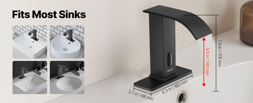 VEVOR Berührungslose Badezimmer-Wasserhahn, Automatischer Bewegungssensor-WC-Wasserhahn mit Lochabdeckplatte, Batteriebetrieben, Einstellbare Temperatur für 9,5 mm Rohr Gewerblicher Waschbecken, Matt Schwarz, Doppelsteuerung-d, Wasserfall