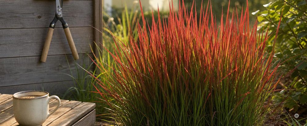Entspannte Gartenszene, Schere hängt unbenutzt am Haken