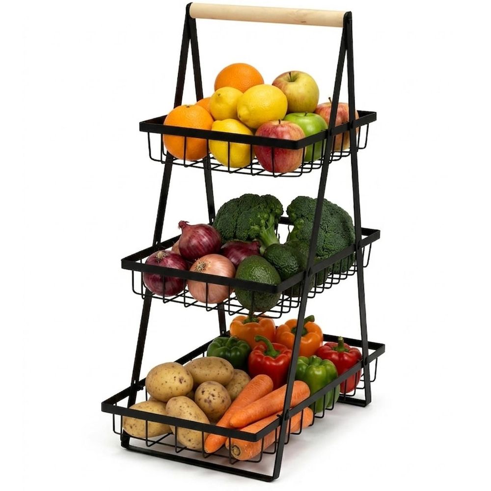 WELLHAUS 3-Etagen Obst Etagere aus Kohlenstoffstahl – Abnehmbarer Obstkorb für Obst, Gemüse & Snacks, Schwarz