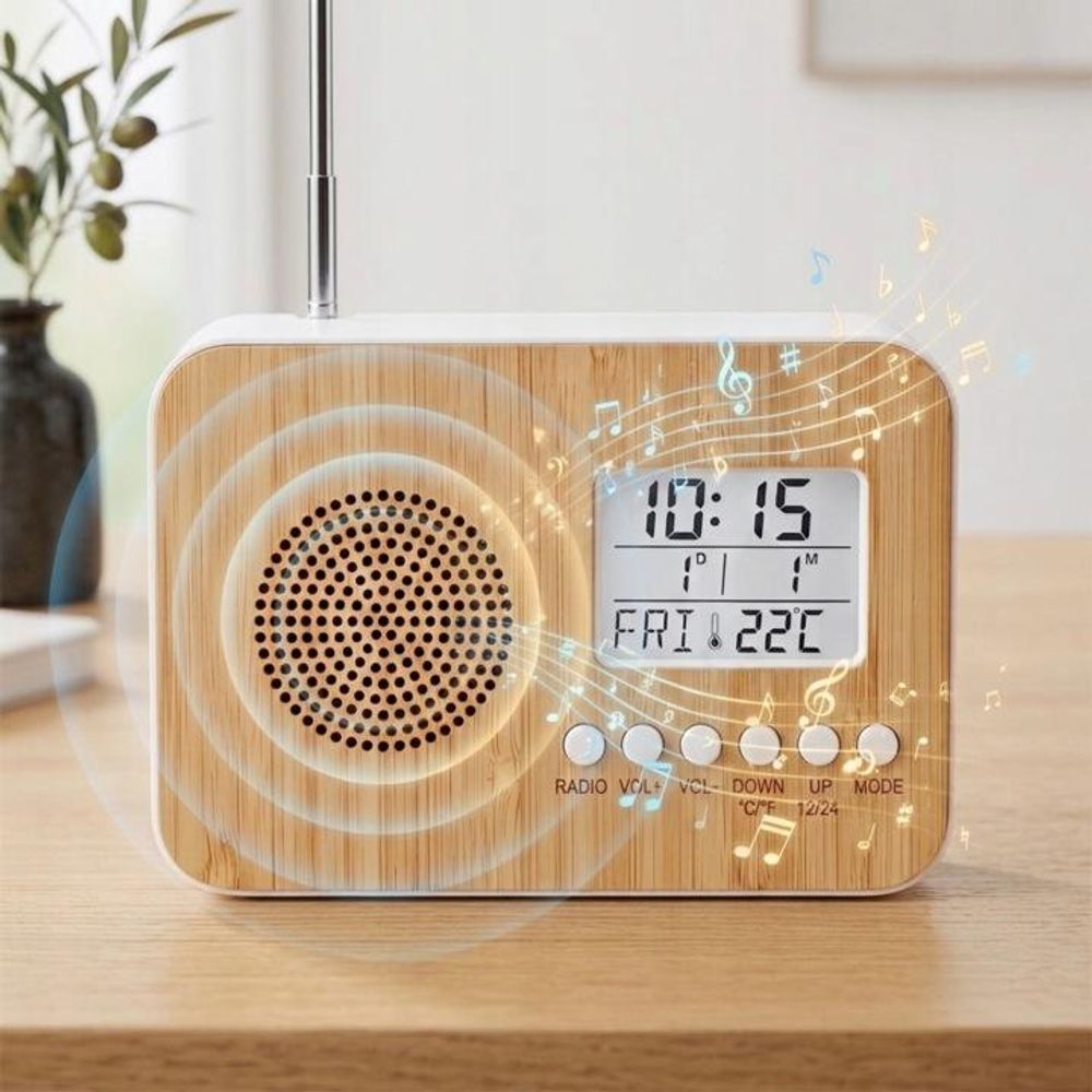 Setty Bambus Radiowecker (FM) – batteriebetrieben, mit Temperaturanzeige und Alarmfunktion (kompakt)