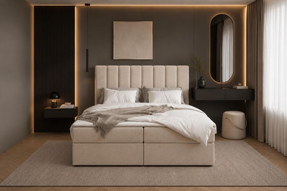 Kontinentalbett aus Samt, Polsterbett, Boxspringbett, dekorativem Kopfteil Doppelbett mit Bonell-Matratze, Topper und Bettkasten (gepolstertes Kopfteil, Boxspring) Boxspringbett Bett 01 –160x200 - Trinity 2 - Beige