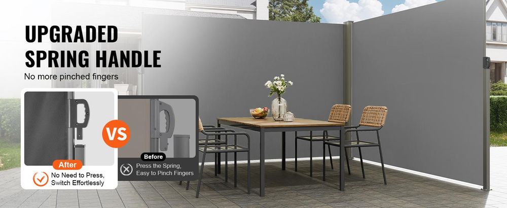 VEVOR Ausziehbare Seitenmarkise, 71''x 236'' Aluminium Außen-Privatsphäre Bildschirm, 280g Polyester Wasserfester Ausziehbarer Terrassenbildschirm, UV 30+ Raumteiler Windschutz für Terrasse, Garten, Balkon, Schwarz, Grau-200x600 cm
