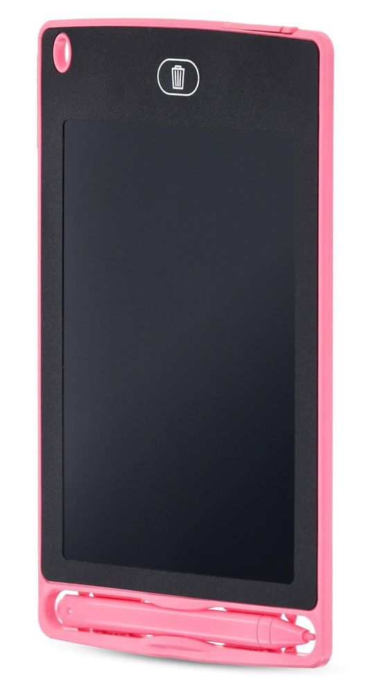 Růžový LCD tablet Sun Baby ve svislé poloze s rysíkem v držáku.