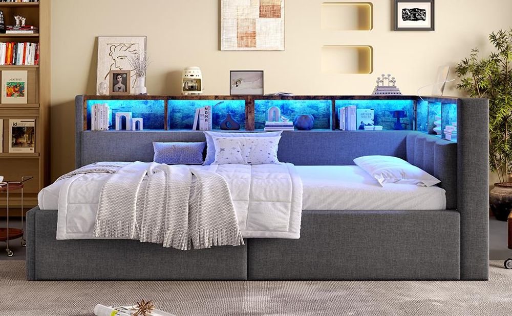 Merax Tagesbett Schlafsofa 90x200cm, mit LED, USB, Typ-C, Hydraulischer Stauraum, Staufächer, Daybett, Kinderbett, Polsterbett, Leinen, Grau