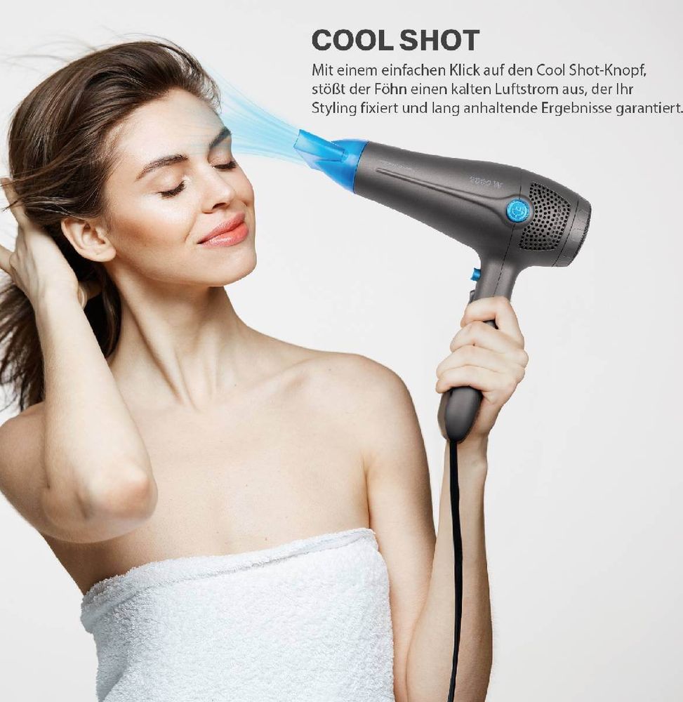 ProfiCare Haartrockner mit Ionisierungsfunktion | automatischer Kabeleinzug | 2000W Föhn mit Cool Shot | 1,8m Kabel | Haarföhn mit 3 Leistungsstufen | Reiseföhn mit Soft Touch-Gehäuse | PC-HT 3020