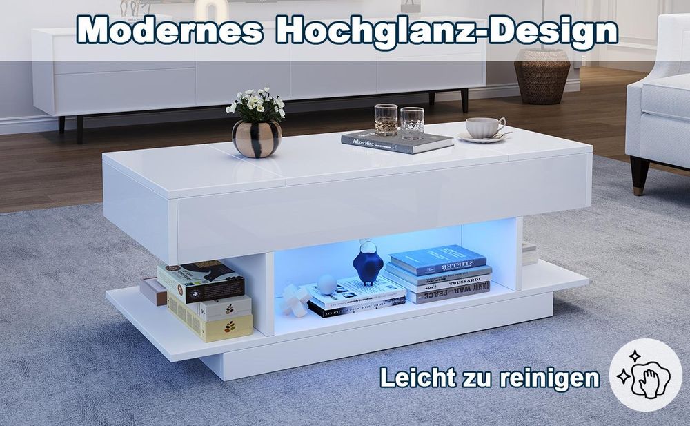 okwish Hochglanz-Couchtisch mit LED und Verstecktes Staufach,Sofatisch mit 2 Klappschränken,höhenverstellbarer Tischplatte,Weiß