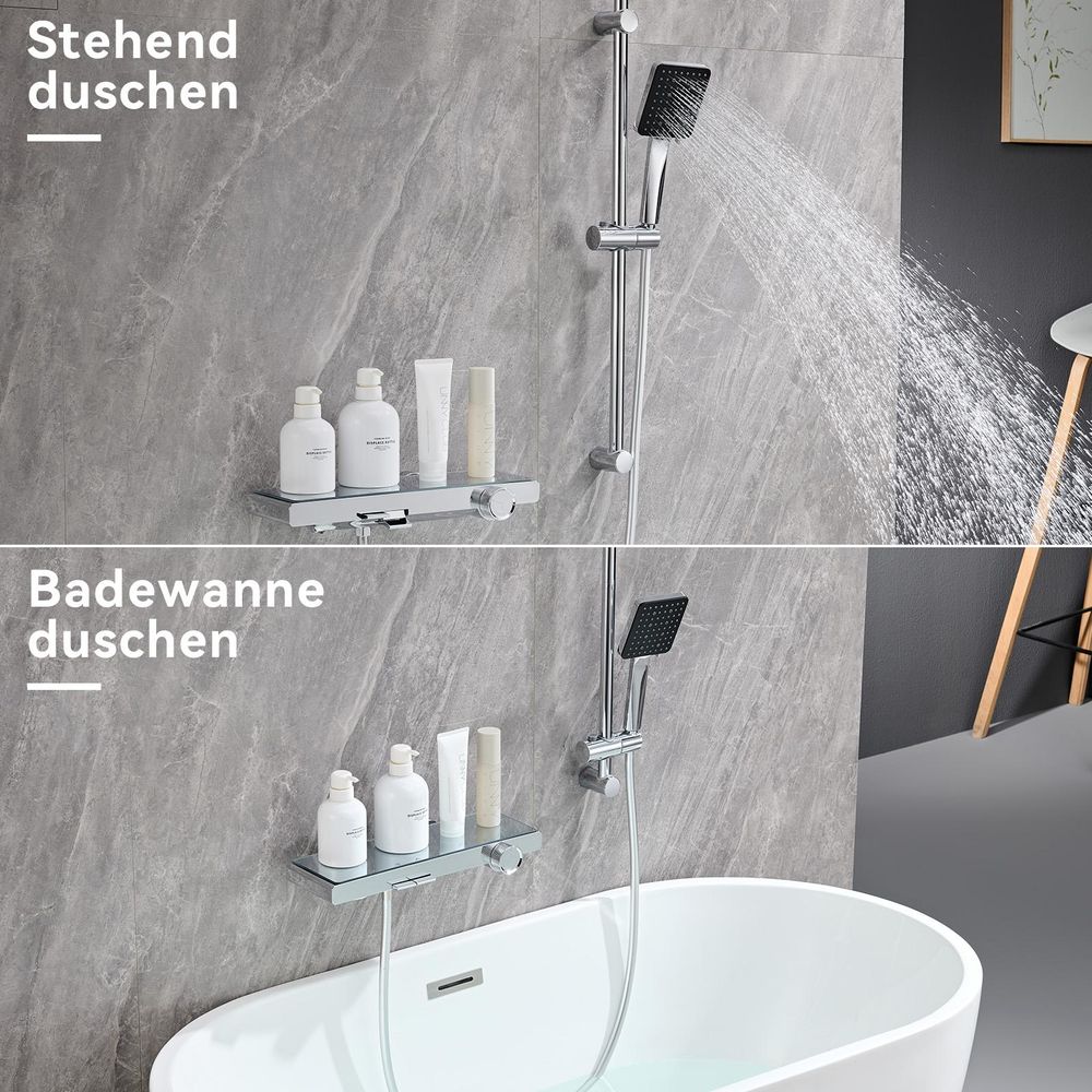 AURALUM Schwarzes Badewannenarmaturen-Set, Duschstange mit Duschkopf, Handbrause- und Duschstangen-Set, zwei Wasserstrahlmodi, Hochwertiges PPA