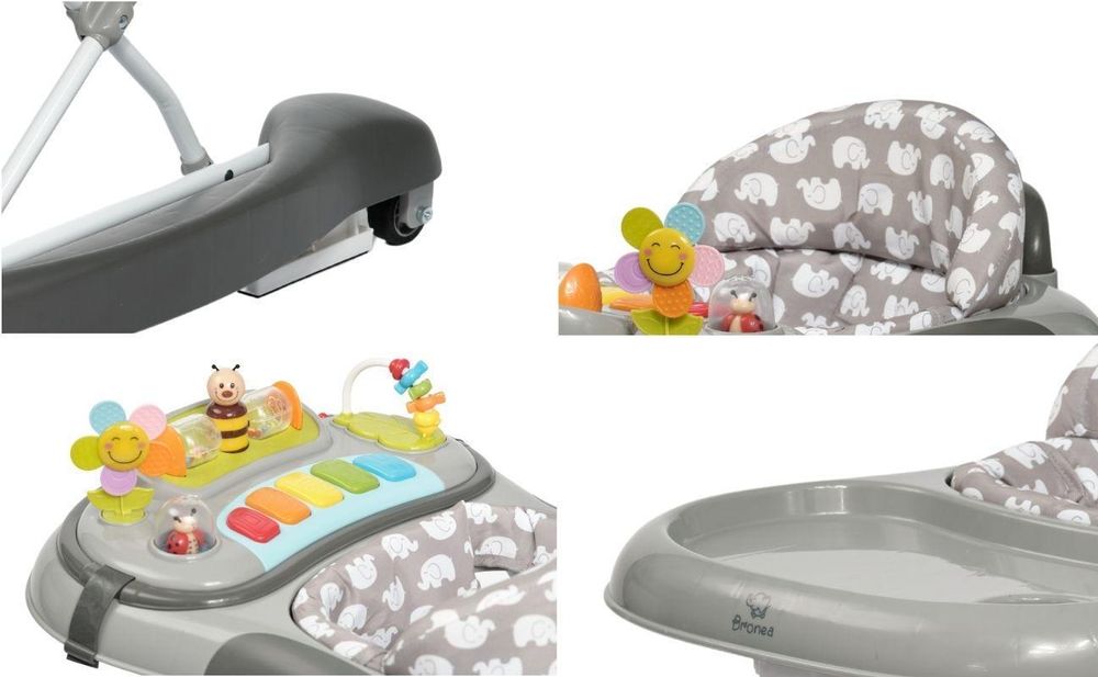 BRONEA® 4-in-1 Gehfrei Baby Lauflernwagen Schaukel Lauflernhilfe Babywalker mit Schaukelfunktion, Licht & Musik | Höhenverstellbar & Klappbar - Grau