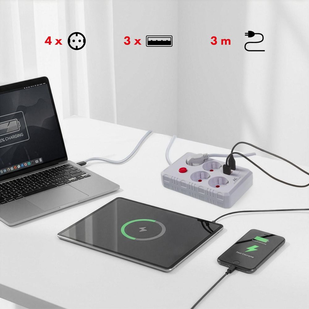 Maclean Steckdosenleiste 4-Steckdosen-Verlängerungskabel + 3xUSB 110-240V AC 50/60Hz 2.1A max 2500W 3m weiß MCE393 W