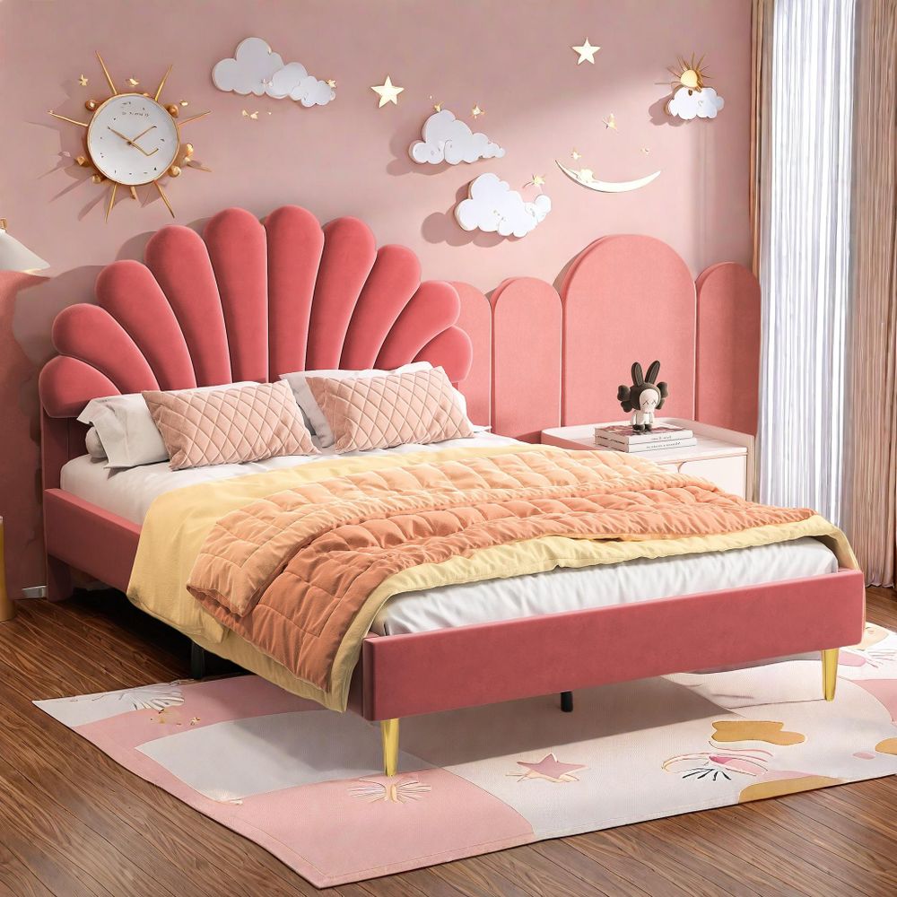 Fortuna-Lai Polsterbett Doppelbett 140x200cm - mit Geblümtem Kopfteil, Lattenrost, Samt, Skandinavischer Stil - Rot