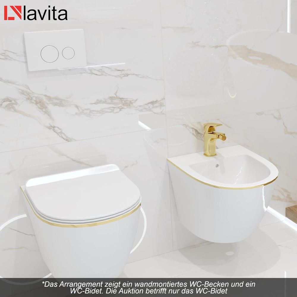 LAVITA Universal Wand-Bidet Sofi Gold Line mit Hahnloch und Überlaufschutz aus Keramik | Sitzwaschbecken zur Montage an der Wand | Hygienisch und Pflegeleicht | 36,5x49x32,5 cm |
