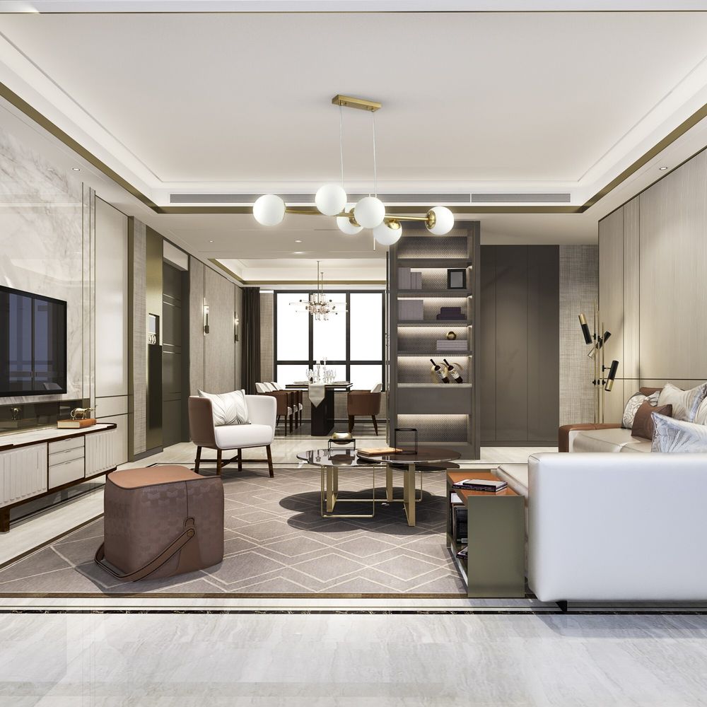 Wohnzimmer mit goldener Lampe Bali, elegantes Interieur mit Fernseher.