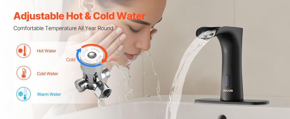 VEVOR Berührungslose Badezimmer-Wasserhahn, Automatischer Bewegungssensor-WC-Wasserhahn mit Lochabdeckplatte, Batteriebetrieben, Einstellbare Temperatur für 9,5 mm Rohr Gewerblicher Waschbecken, Matt Schwarz, Duale Steuerung-a, Halb-Wrap Wasserfall