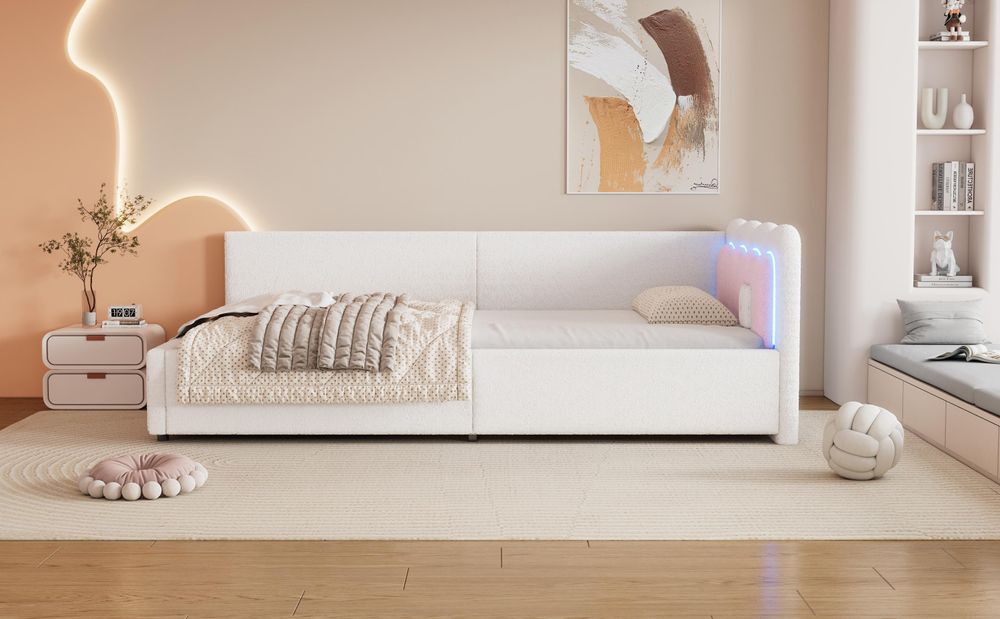Merax Tagesbett 90x200 cm, Schlafsofa mit LED-Umgebungslicht & Fernbedienung, Vliesimitat Schlafsofa, Daybett mit Lattenrost, Kinderbett, Weiß