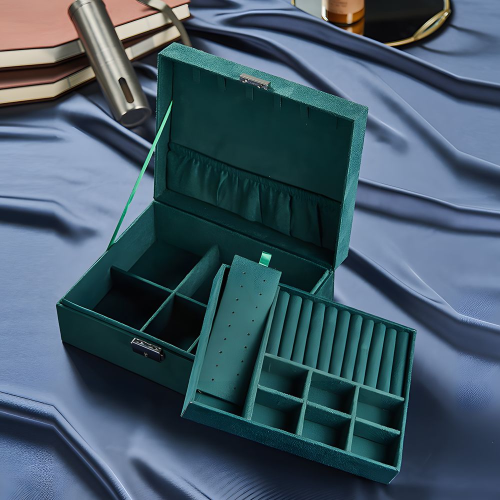 Schmuckkästchen, Schmuckschatulle aus Samt mit 2 Ebenen, Schmuckbox, Schmuckschatulle, Schmuckkoffer für Damen, Aufbewahrungskoffer Retoo