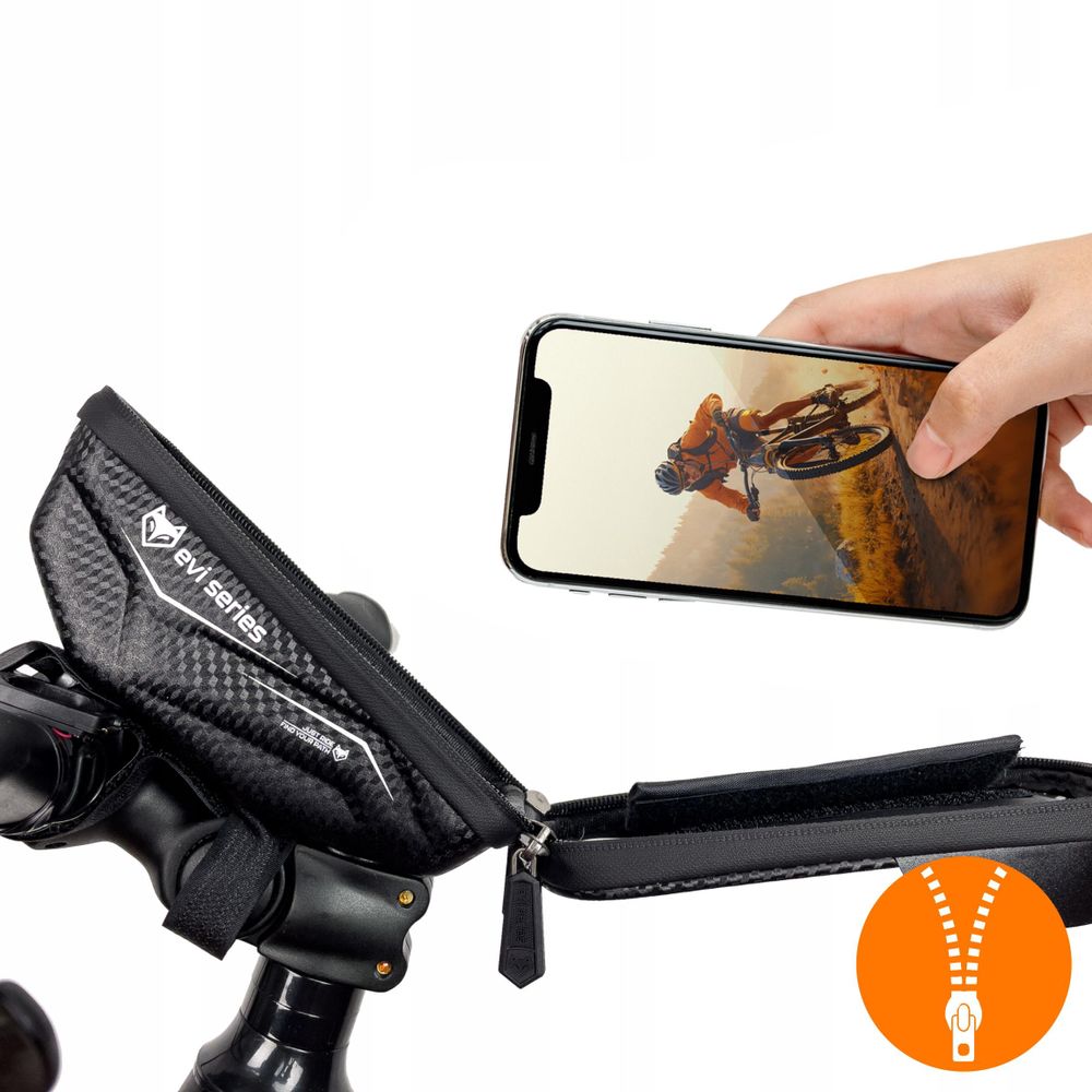 Fahrradtasche Lenkertasche wasserdicht, Handyhalterung bis 6,9 Zoll, 1,5L Hardcase Oberrohrtasche, kompaktes Design, EVI BIKE Flow+ S, Schwarz