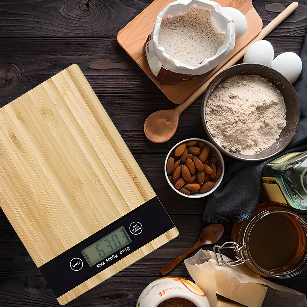 Digitale Küchenwaage bis 5kg Tragkraft mit gehärtetes Glas Digitalwaage Zuwiegefunktion LCD-Anzeige Haushaltswaage Tara Essenswaage Bambus Retoo