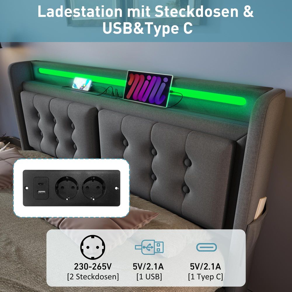 Flieks Polsterbett 180x200cm mit Ladefunktion, Doppelbett Jugendbett mit LED, Hydraulisches Stauraumbett Boxspringbett mit Lattenrost, Baumwolle, Grau