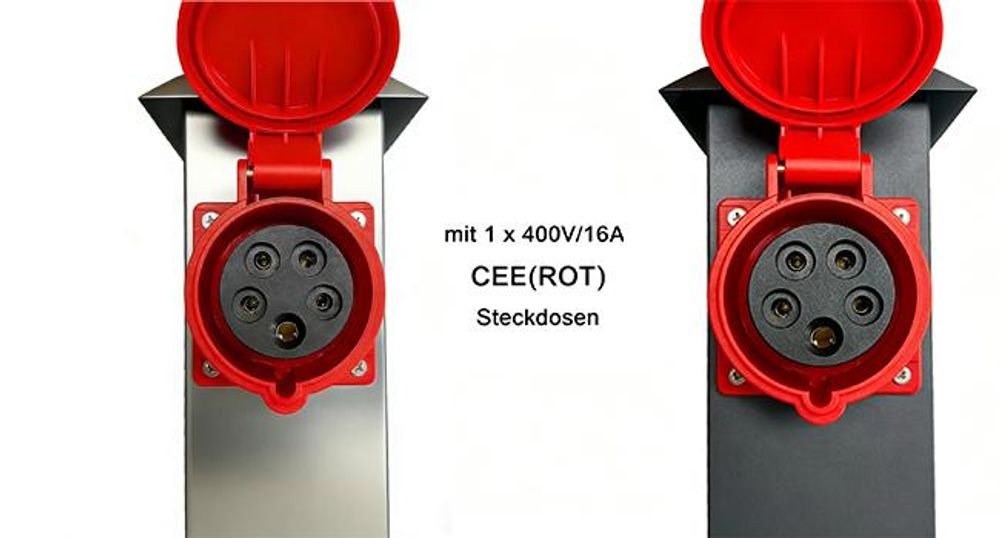 Garten Steckdosensäule Edelstahl IP44, zum Laden von E-Autos, 2x 230V 16A Steckdosen +1x CEE 400V 16A 5-polig, Höhe 50cm, Anthrazit