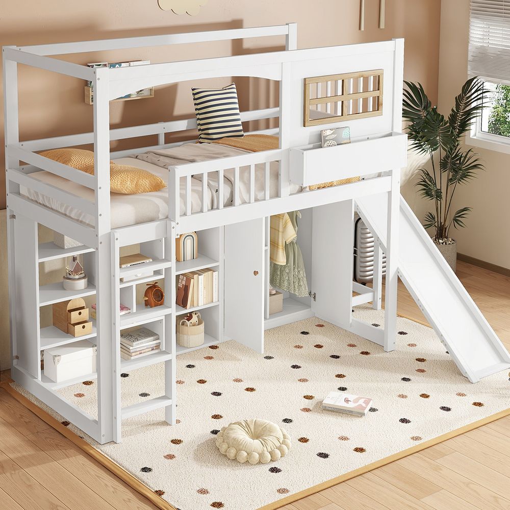 Etagenbett 90x200 cm mit Rutsche, Fallschutzgitter und Kleiderschrank – Robustes Hochbett aus Kiefer, Inklusive Stauraum und 4-stufiger Leiter, Weiß