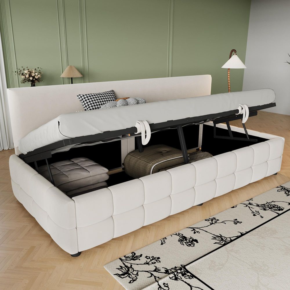 Flieks Hydraulisches Schlafsofa 90x200cm mit Stauraum, Tagesbett Daybed mit Rückenlehne, Polsterbett Jugendbett mit Lattenrost, Samt, Beige