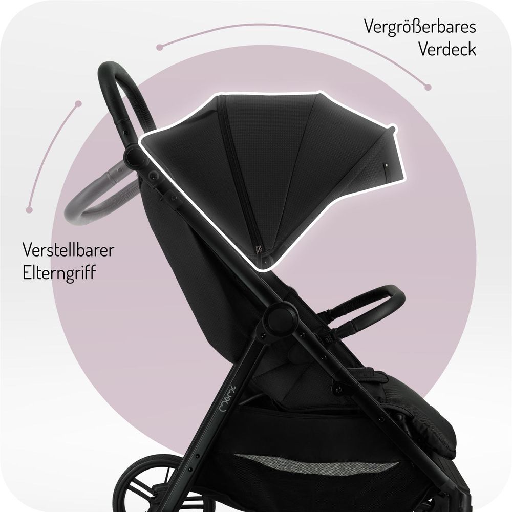 MoMi CLARA – Buggy ab Geburt, bis 22 kg, mit 4-Rad-Federung, Drehbügel & verstellbarem Schiebegriff, inkl. Tasche & Regenschutz – Schwarz