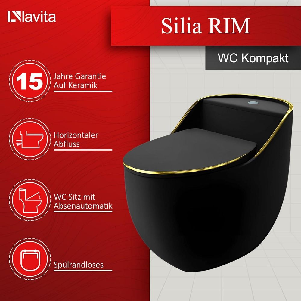LAVITA Einteilige Stand-WC mit eingebautem Spülkasten SILIA RIM BLACK/GOLD LINE | Komplett-Set | WC deckel | Keramik WC Spülrandlos |Toilettenschüsse|