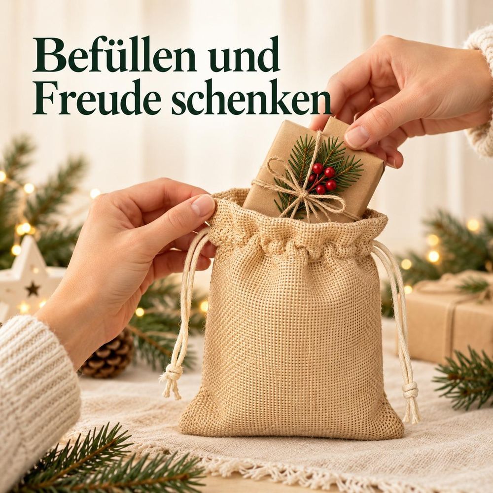 Hände legen eine kleine verpackte Überraschung in ein Säckchen