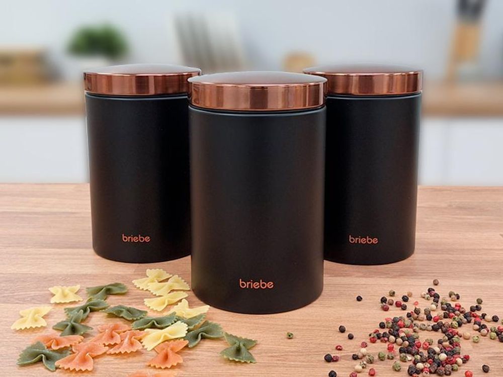 Briebe BB1161 Set aus Brotkasten +3 Küchenvorratsdosen aus Robustem Edelstahl Modernes Design Mattschwarz/Rosegold