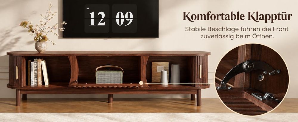 okwish TV-Schrank mit Schiebetür und nach unten klappbarer Hohlschranktür,Lowboard mit Stützbeinen,Fernsehschrank passend für TV-Ständer bis zu 65 Zoll,braune