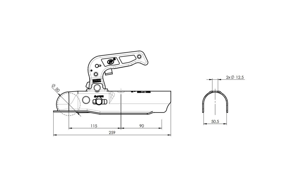 Kulové tažné zařízení STEELPRESS BC-800C pro přívěs o hmotnosti 800 kg s trubkovou ojí o průměru 50 mm