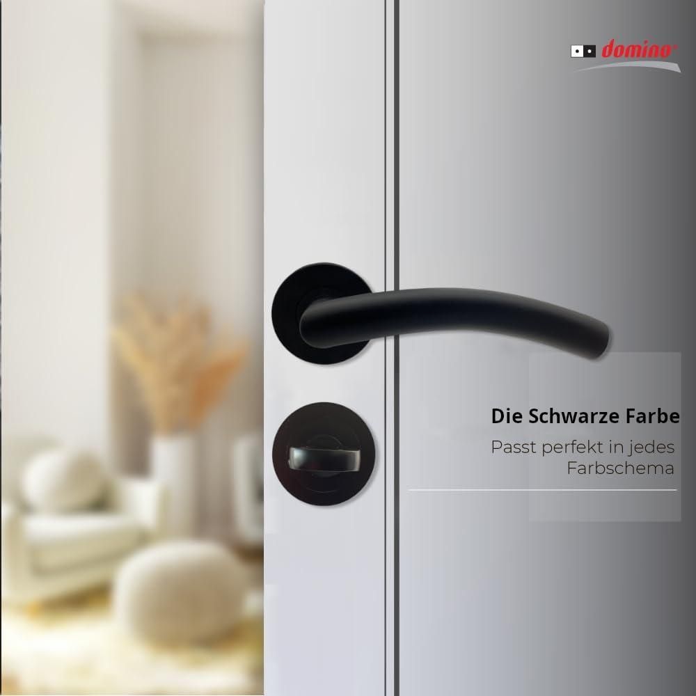 DOMINO Türgriff | WC-Bad Set | Drückergarnitur für Zimmertüren Türdrücker-Set | Rosetten-Garnitur Türbeschläge | Runde Rosette | Znal | PRADO-R BLACK