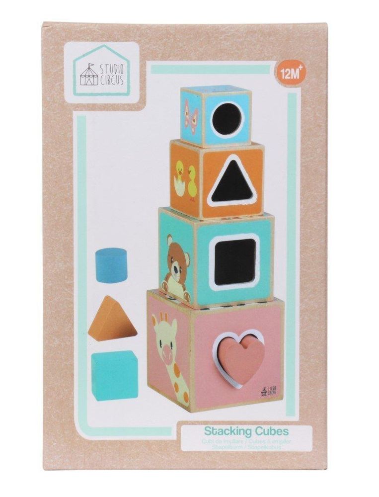 Confezione con cubi impilabili e forme geometriche da inserire.