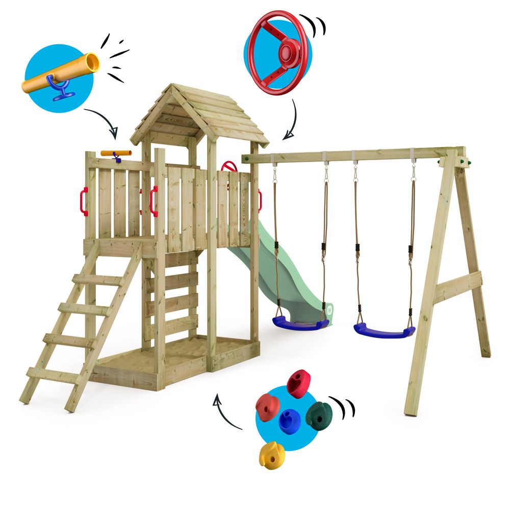Spielturm Wickey MultiFlyer mit Holzdach und Schaukel in Hellgrün