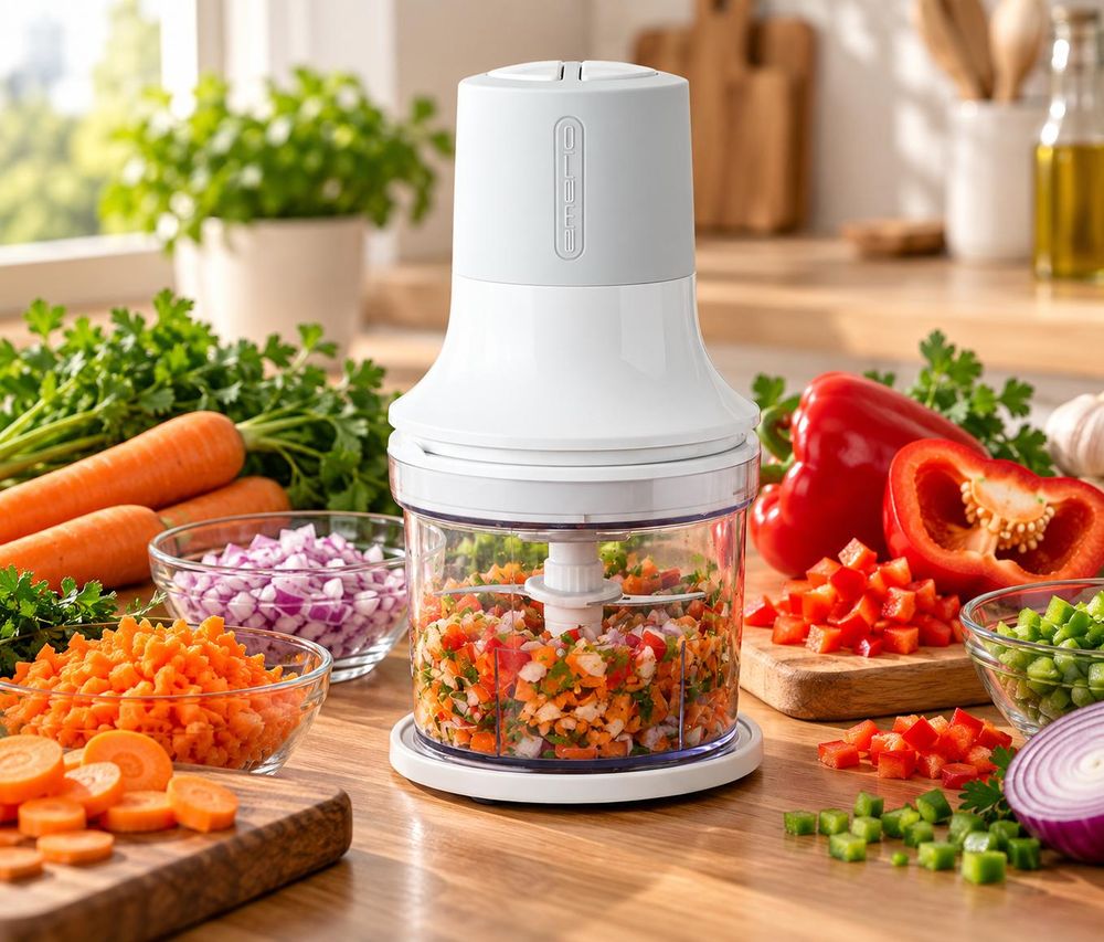 Weiße Küchenmaschine beim Zerkleinern von Karotten, Paprika, Zwiebeln und Kräutern.