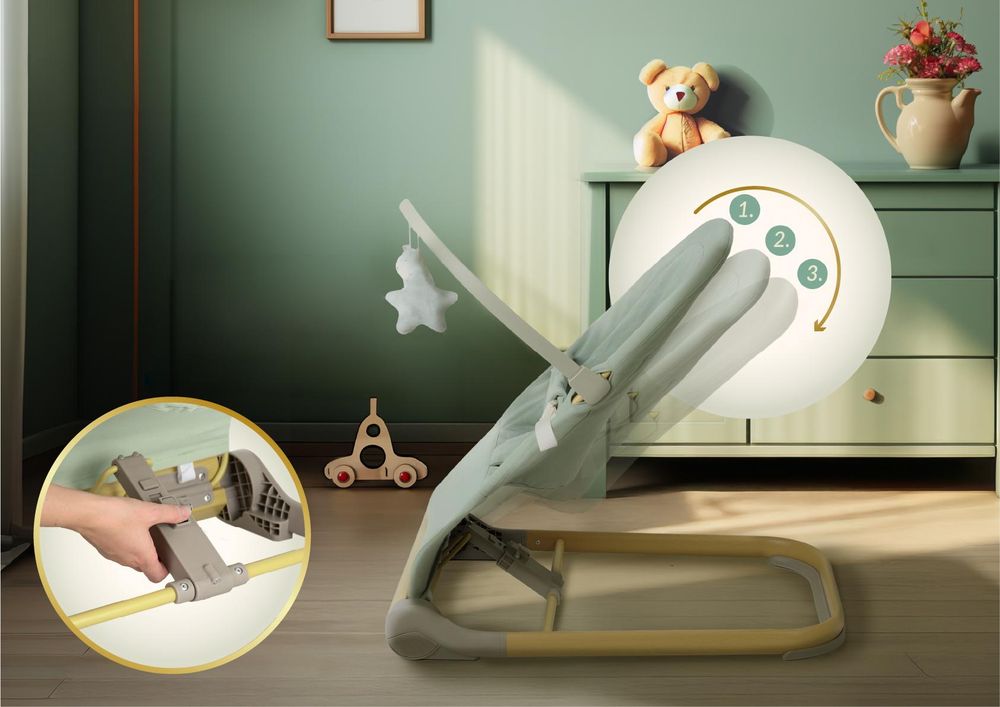 Ergonomische Neno Nesso Babywippe Hellgrün mit Baumwollbezug und Spielbogen