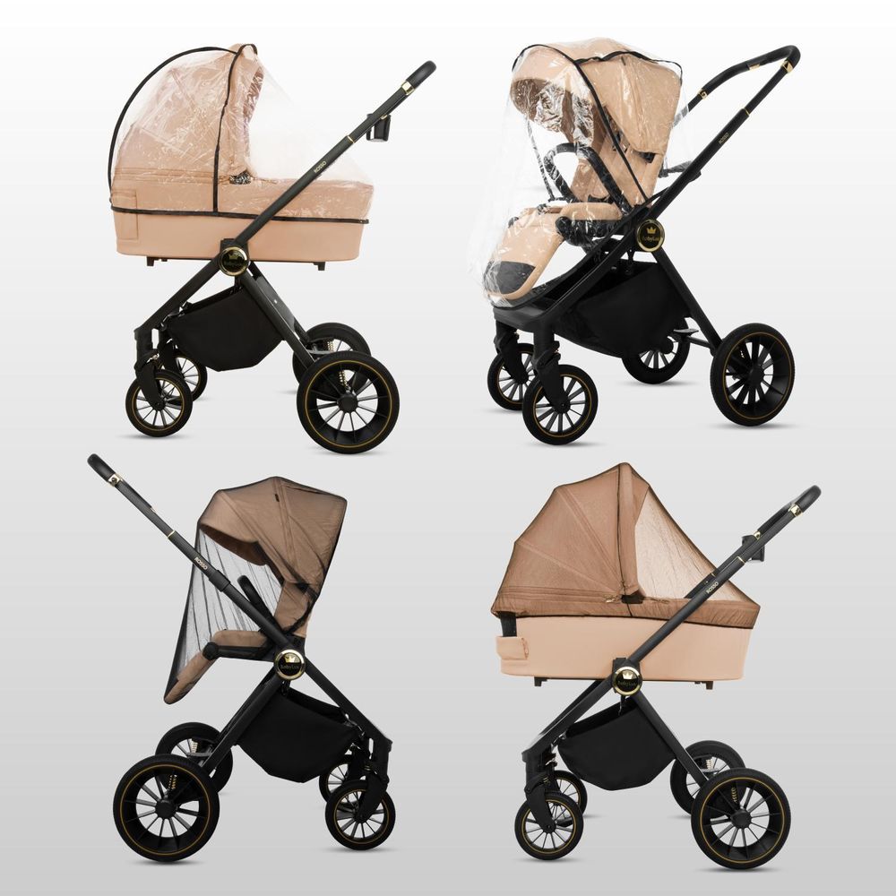 BabyLux® Kinderwagen 3in1 Set ROSSO, Beige Faltbar Leicht Kombikinderwagen Set incl. Babywanne, Buggy Sportsitz, Babyschale i-Size, Wickeltasche