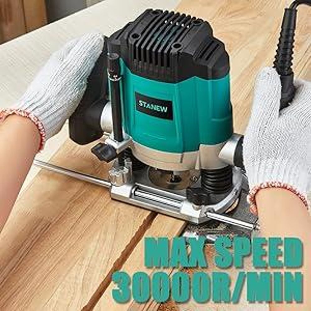 Défonceuse Verticale Electrique 1200 W 16000-30000 RPM STANEW, Profession Fresatrice Verticale avec Set de 12 fraises,6 Vitesses