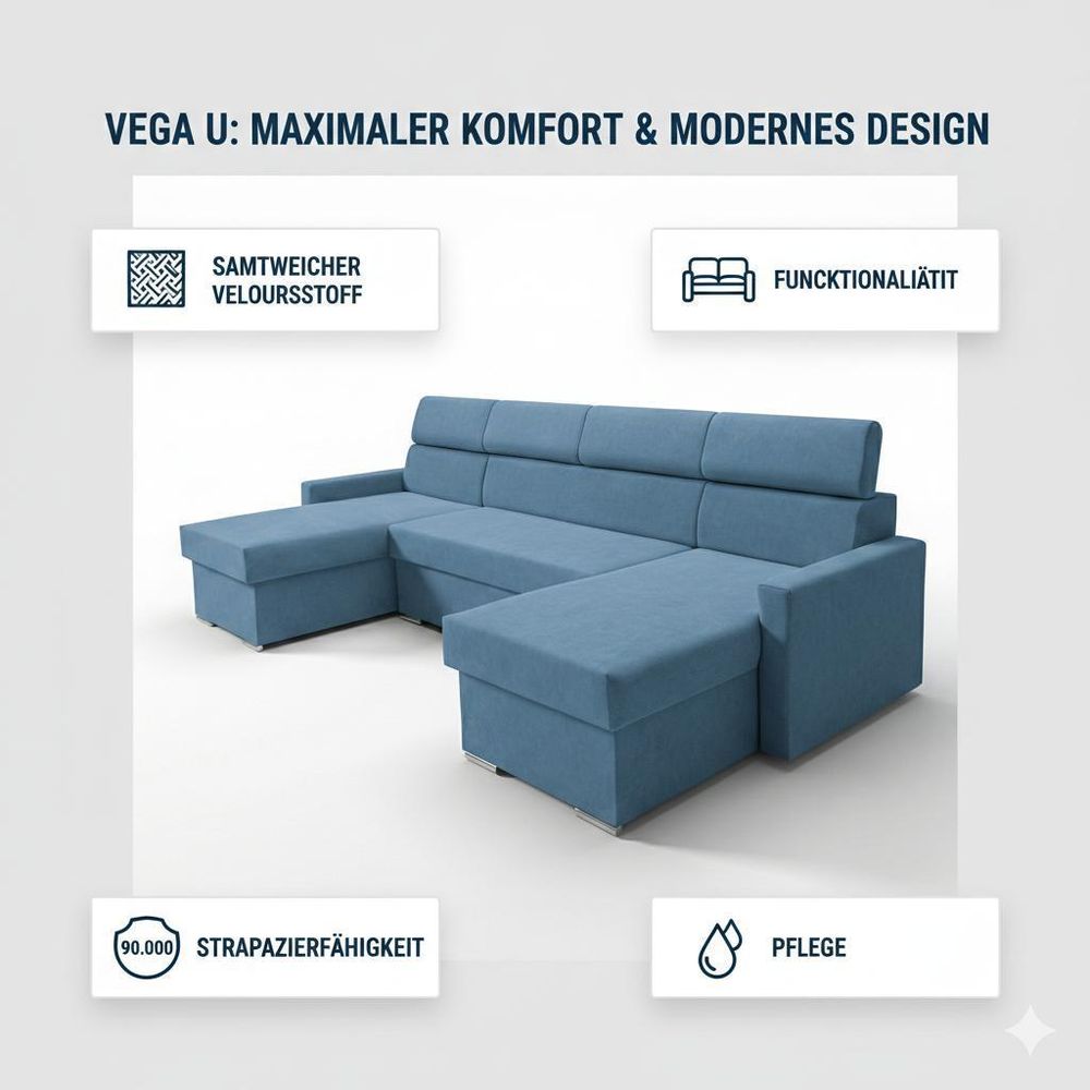 Sofiland Vega U Ecksofa U-Form mit Schlaffunktion & Bettkasten Samt 305 cm Dunkelgrau