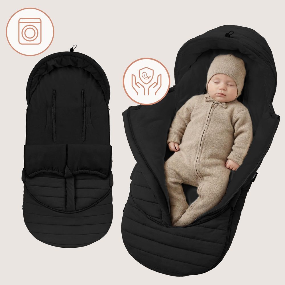 Lionelo Oli Winterfußsack für Kinderwagen & Babywanne, Wasserabweisend, Warm bis –20°C, Universal, Mit Kapuze Schwarz